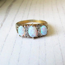 Load image into Gallery viewer, Edwardian Revival 3 Stone Opal &amp; CZ Diamond Ring
