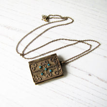 Load image into Gallery viewer, Victorian Gilt &amp; Turquoise Book Locket, Gilded Silver Cannetille Filigree - MercyMadge
