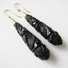 Load image into Gallery viewer, Victorian Whitby Jet Long Torpedo 9ct Gold Earrings
