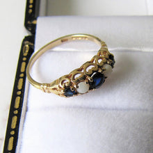 Cargar imagen en el visor de la galería, Vintage 9ct Gold, Sapphire &amp; White Opal Victorian Style Ring, London 1984. - MercyMadge
