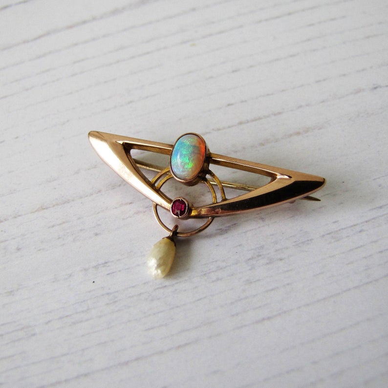 Murrle Bennett Art Nouveau Opal, Ruby & Pearl 9ct Gold Brooch - MercyMadge