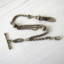 Load image into Gallery viewer, Antique Silver Albertina Bracelet with Tassel Charm, T-Bar &amp; Dog Clip - MercyMadge
