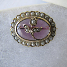 Load image into Gallery viewer, Antique 9ct Gold, Amethyst &amp; Seed Pearl Tulip Brooch - MercyMadge
