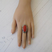 Load image into Gallery viewer, Art Deco Silver Marcasite &amp; Red Coral Ring
