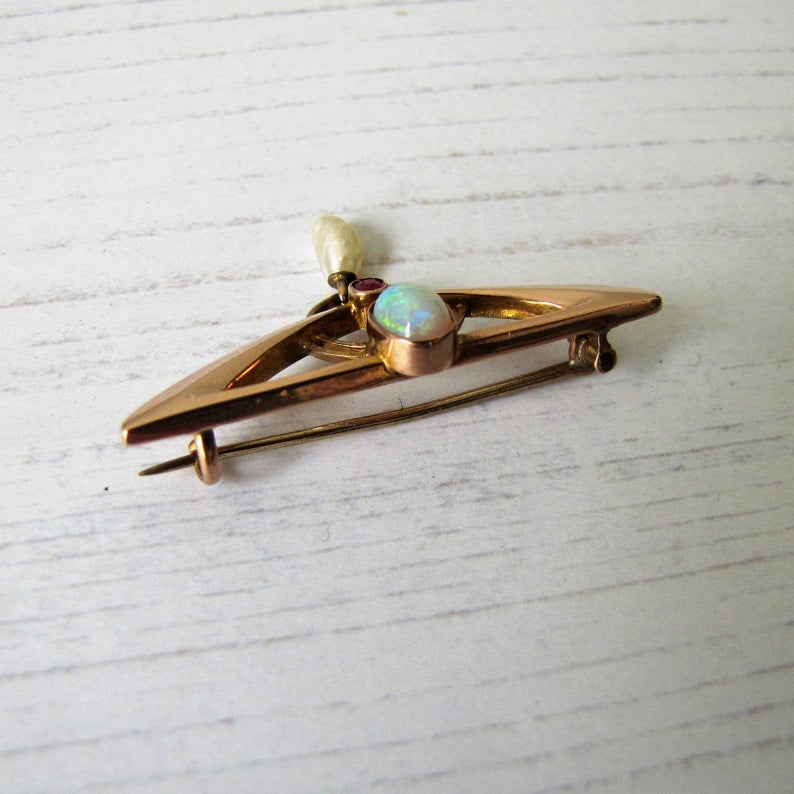 Murrle Bennett Art Nouveau Opal, Ruby & Pearl 9ct Gold Brooch - MercyMadge