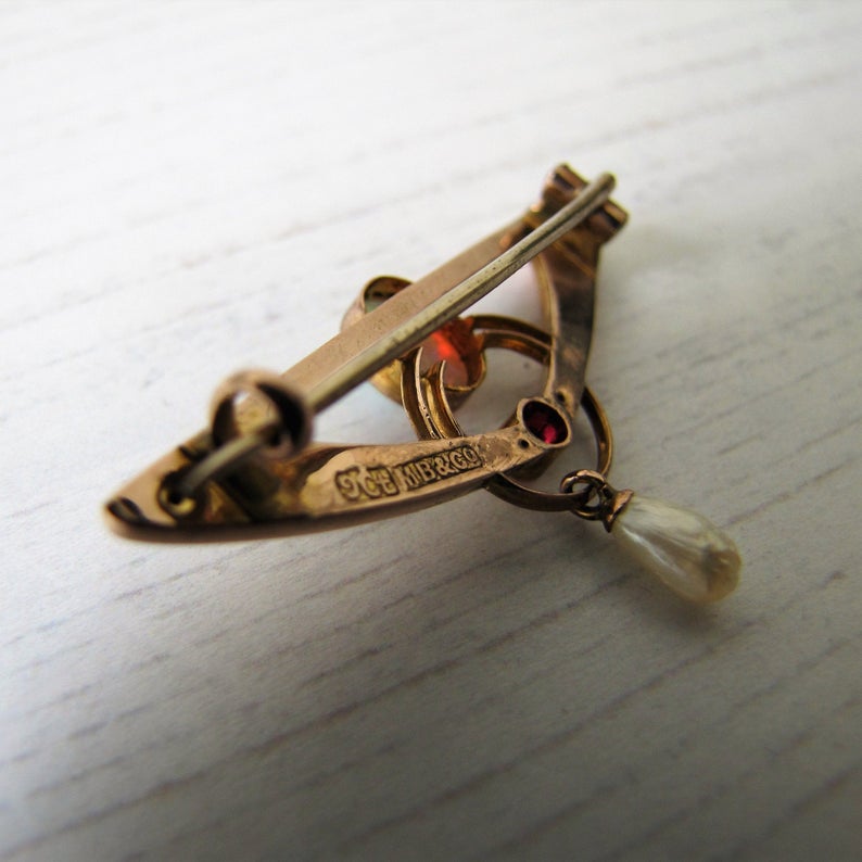 Murrle Bennett Art Nouveau Opal, Ruby & Pearl 9ct Gold Brooch - MercyMadge