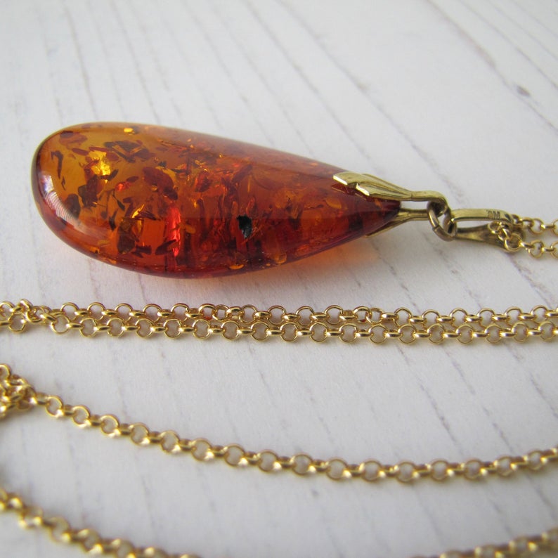 Vintage Baltic Amber Teardrop Pendant & Chain