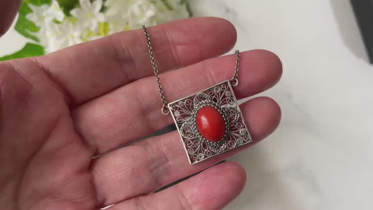 Antique Fine Silver Filigree Red Coral Necklace