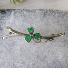Load image into Gallery viewer, Antique Silver &amp; Green Enamel Shamrock Pin
