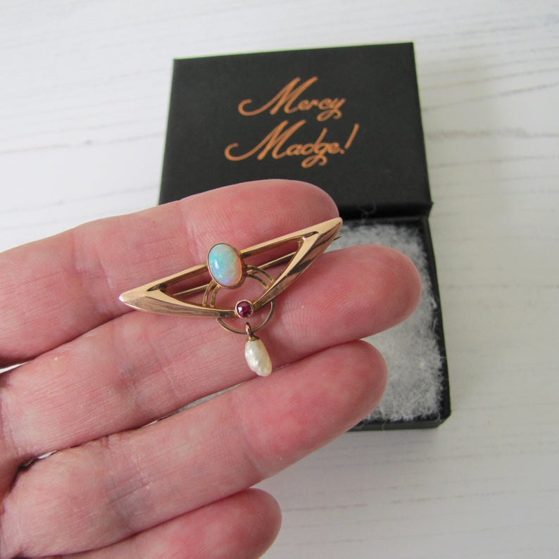 Murrle Bennett Art Nouveau Opal, Ruby & Pearl 9ct Gold Brooch - MercyMadge