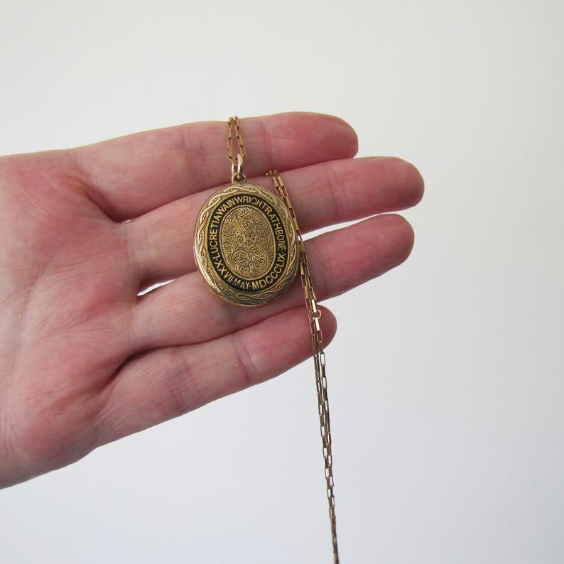 Victorian 15ct Gold Engraved Enamel Mourning Locket With Portrait & Hair, 1859 - MercyMadge