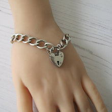 Charger l&#39;image dans la galerie, Victorian Style Silver Curb Chain Bracelet, Heart Padlock Clasp - MercyMadge
