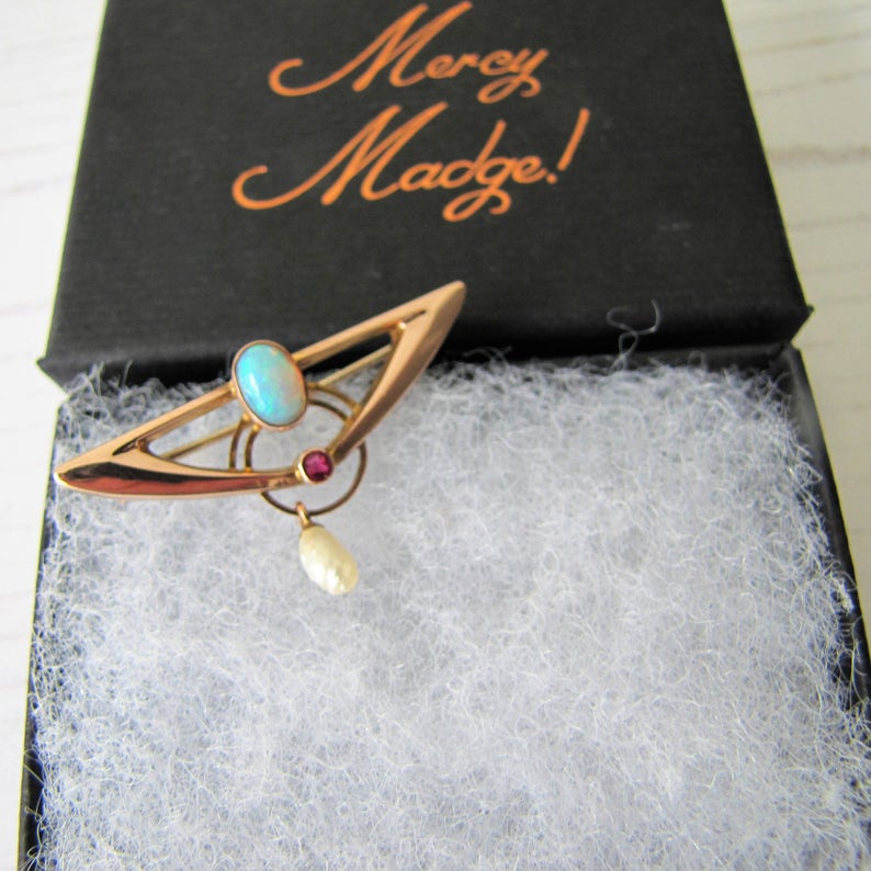 Murrle Bennett Art Nouveau Opal, Ruby & Pearl 9ct Gold Brooch - MercyMadge