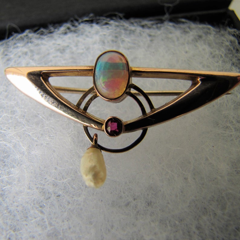 Murrle Bennett Art Nouveau Opal, Ruby & Pearl 9ct Gold Brooch - MercyMadge