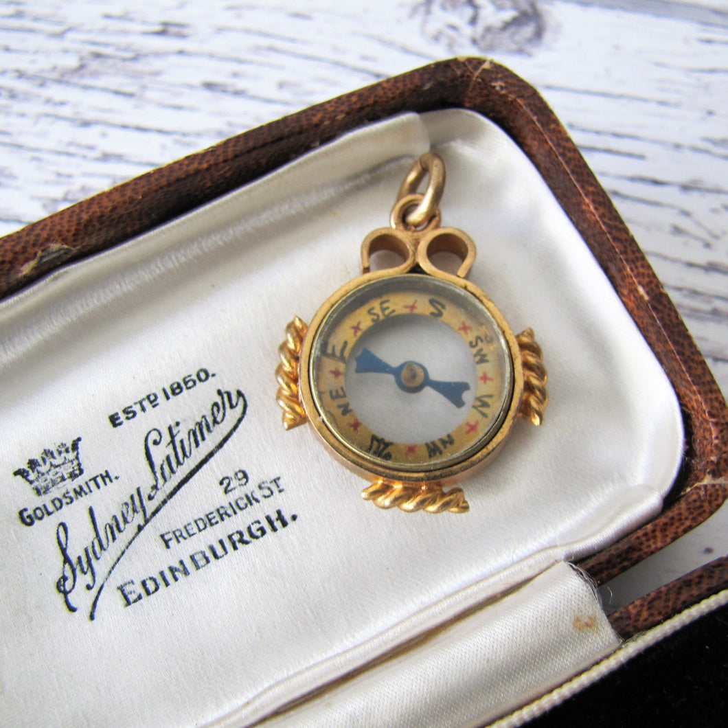 Antique Gold Gilt Compass Pendant Fob - MercyMadge
