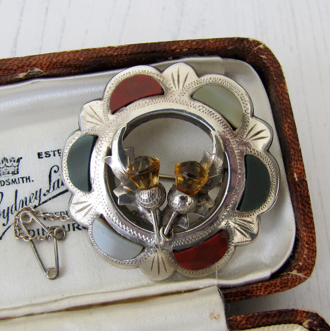 Vintage Scottish Silver Agate & Citrine Thistle Brooch - MercyMadge