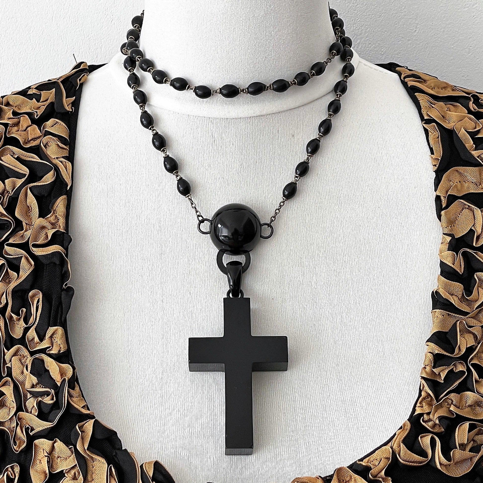 Huge Victorian Whitby Jet Cross Pendant Necklace