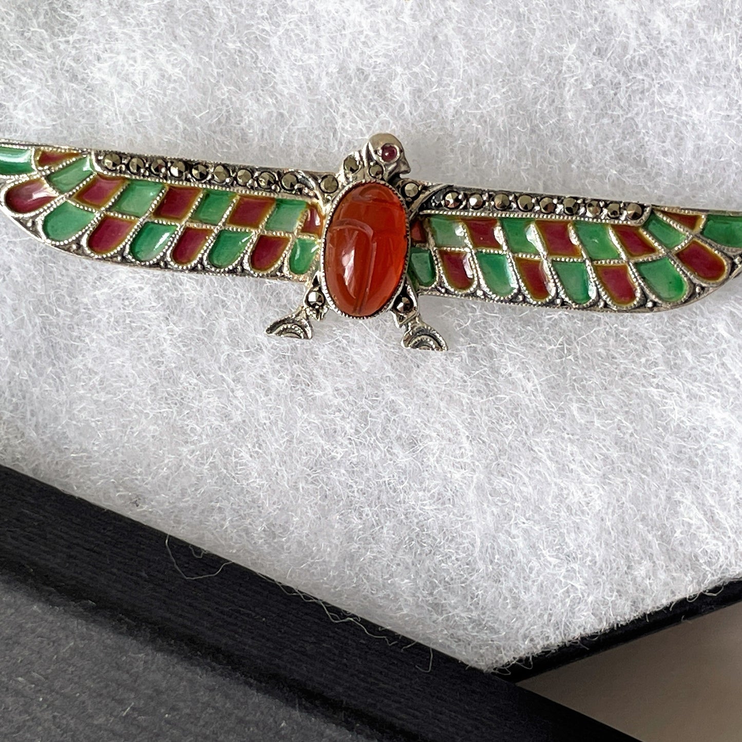 Antique Art Deco Egyptian Revival Winged Scarab Plique-à-Jour 935 Silver Brooch, Germany