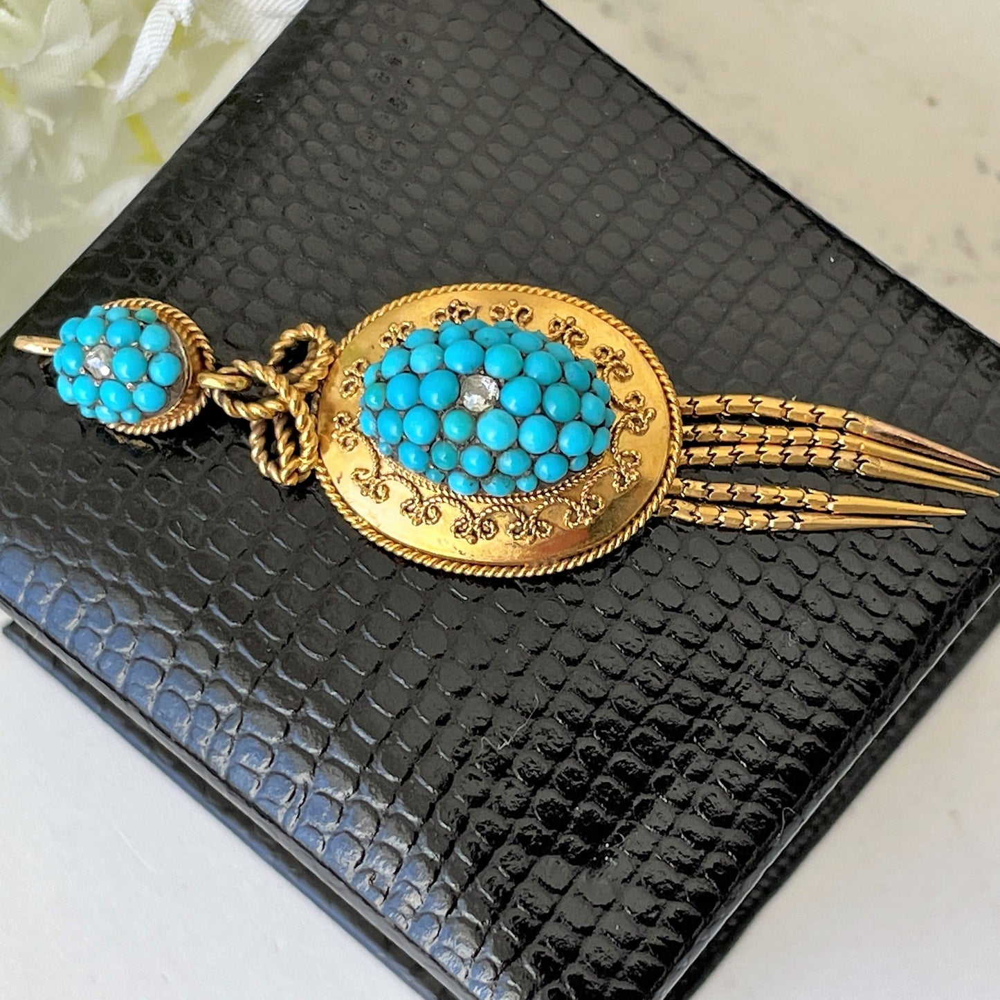 Etruscan Revival 18ct Gold Turquoise & Diamond Pendant