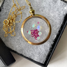 Load image into Gallery viewer, Antique Gold &amp; Glass Shaker Locket Pendant Filled with Opals &amp; Rubies
