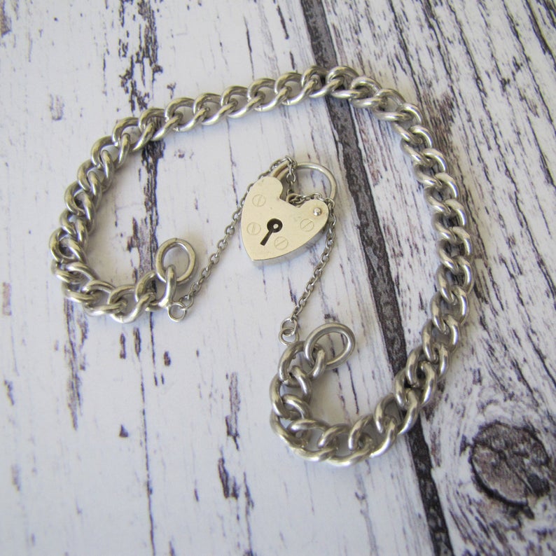Victorian Style Silver Curb Chain Bracelet, Heart Padlock Clasp - MercyMadge