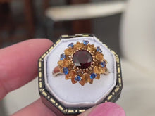 Load and play video in Gallery viewer, Vintage 1960&#39;s 9ct Gold Garnet &amp; Spinel Flower Ring
