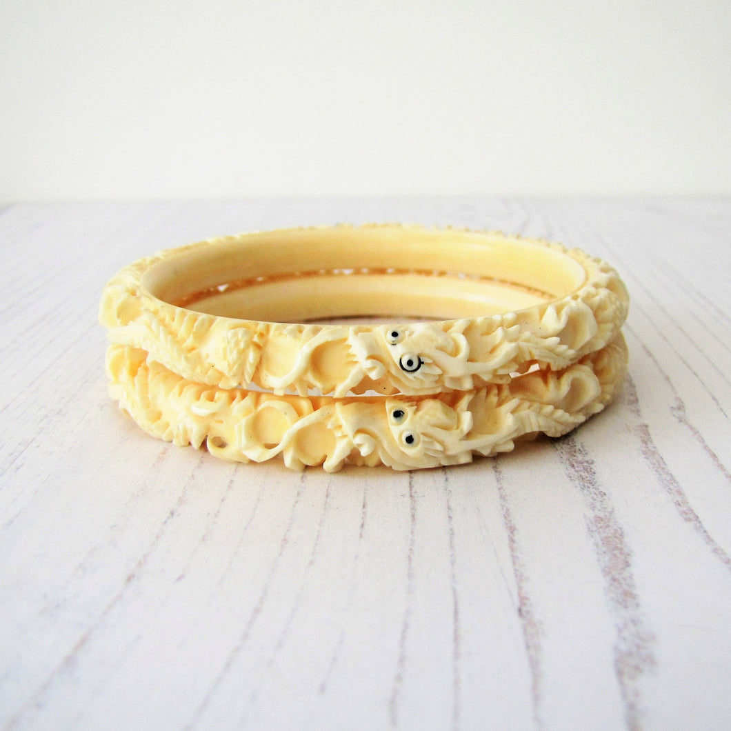 Antique Elephant Ivory Chinese Carved Dragon Bangles