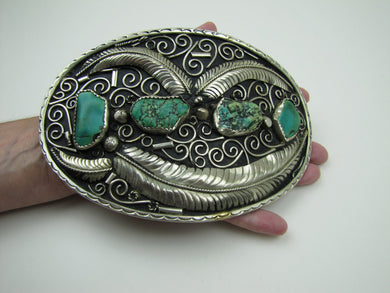 Huge Native American Silver & Turquoise Trophy Belt Buckle - MercyMadge