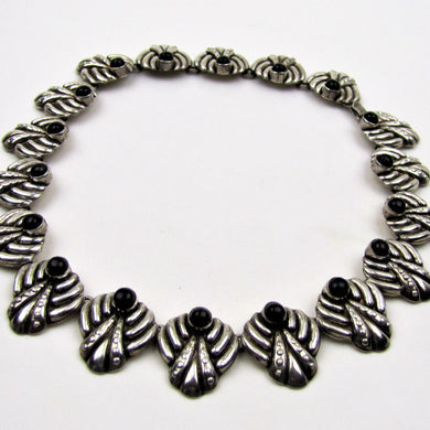 Vintage Modernist Sterling Silver & Onyx Necklace, Los Ballesteros, Taxco, Mexico