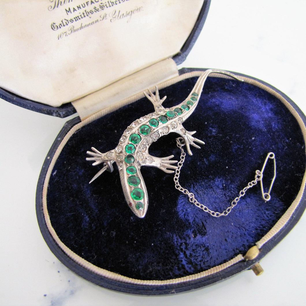 Antique 935 Silver, Paste Diamond, Emerald, Ruby Lizard Brooch - MercyMadge
