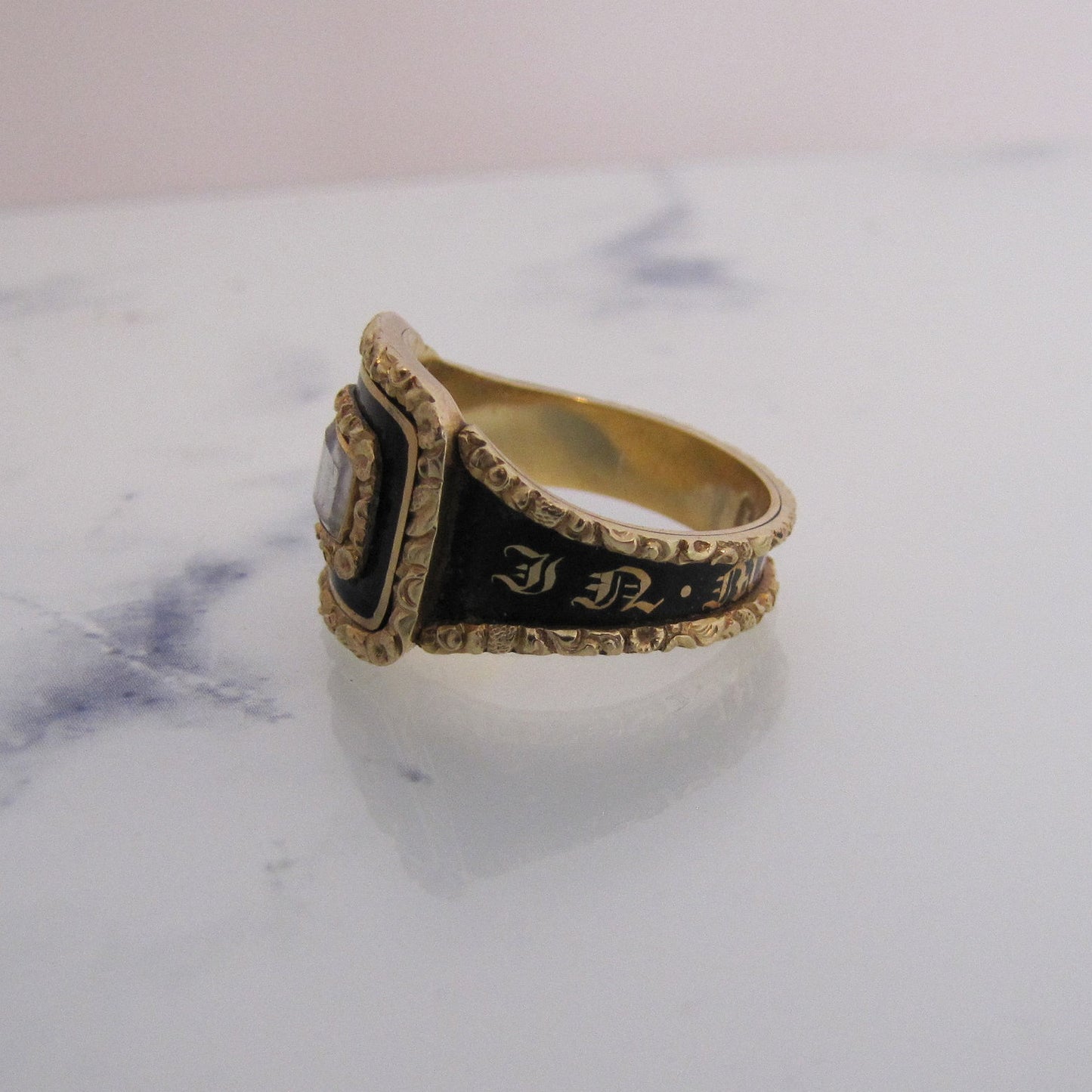 Georgian 18ct Gold Enamel Mourning Ring With Woven Hair, 1822 - MercyMadge