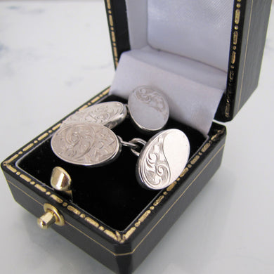 Antique English Sterling Silver Cufflinks. Edwardian Victorian Engraved Oval Cuff Links. - MercyMadge