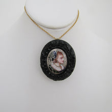 Load image into Gallery viewer, Antique Whitby Jet Enameled Silver Portrait Pendant/Brooch - MercyMadge
