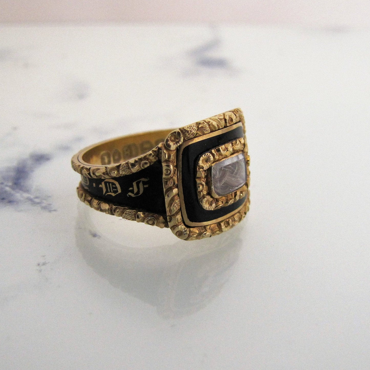 Georgian 18ct Gold Enamel Mourning Ring With Woven Hair, 1822 - MercyMadge