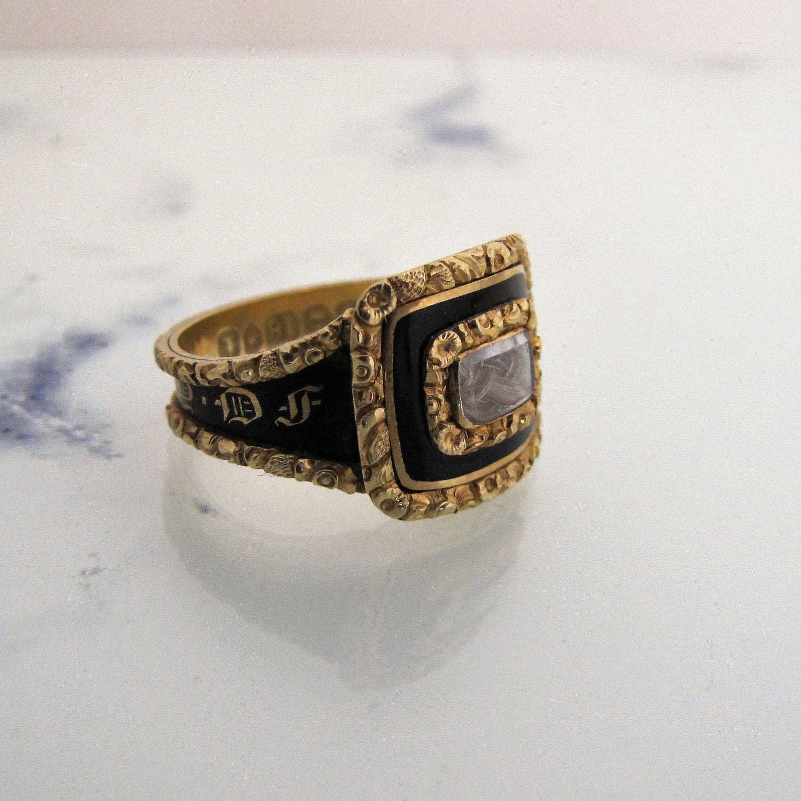 Georgian 18ct Gold Enamel Mourning Ring With Woven Hair, 1822 - MercyMadge