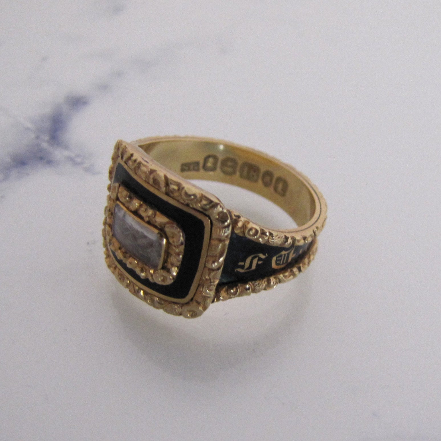 Georgian 18ct Gold Enamel Mourning Ring With Woven Hair, 1822 - MercyMadge