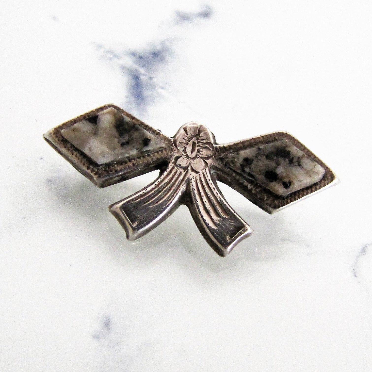 Victorian Scottish Silver & Granite Bow Brooch/Cravat Pin - MercyMadge