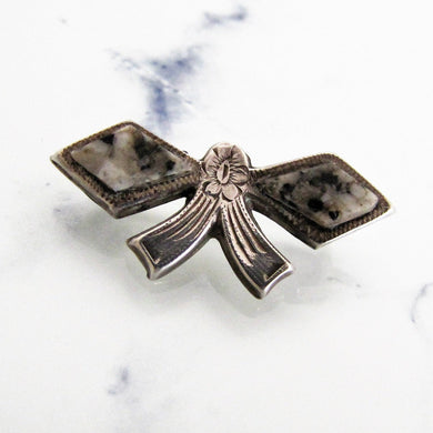 Victorian Scottish Silver & Granite Bow Brooch/Cravat Pin - MercyMadge