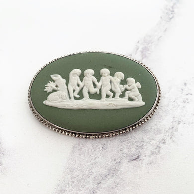 Sterling Silver Green Jasperware Cameo Brooch, Wedgwood 1969. - MercyMadge