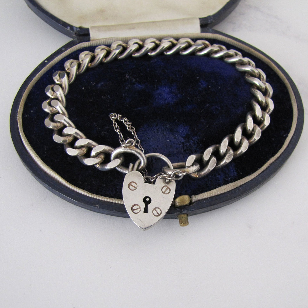 Vintage Sterling Silver Curb Chain Bracelet, Heart Padlock Clasp. - MercyMadge