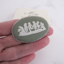 Load image into Gallery viewer, Sterling Silver Green Jasperware Cameo Brooch, Wedgwood 1969. - MercyMadge
