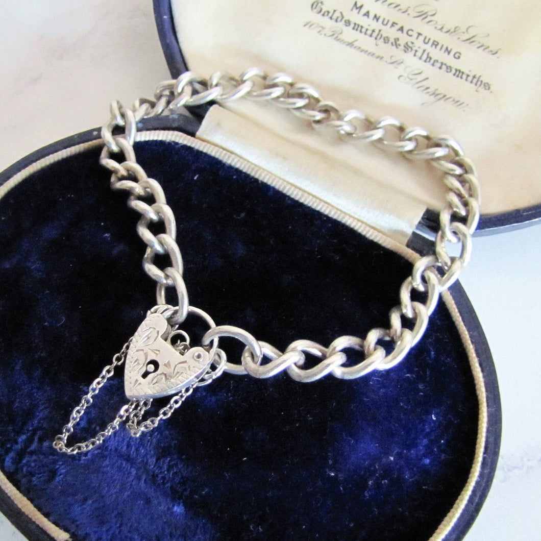 Sterling Silver Curb Chain Bracelet, Engraved Heart Padlock Clasp - MercyMadge