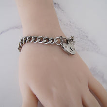 Load image into Gallery viewer, Vintage Sterling Silver Curb Chain Bracelet, Heart Padlock Clasp. - MercyMadge

