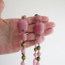 Load image into Gallery viewer, Czech Art Deco Long Rose Quartz Necklace, Chinoiserie Pressed Glass Beads. - MercyMadge

