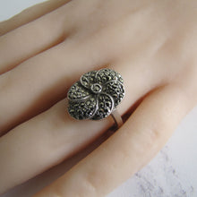 Load image into Gallery viewer, Art Deco Silver Marcasite Flower Ring. - MercyMadge
