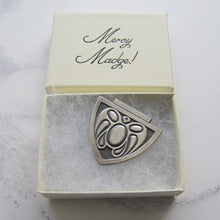 Load image into Gallery viewer, Art Nouveau Silver Shield Brooch, Stylised Moth - MercyMadge

