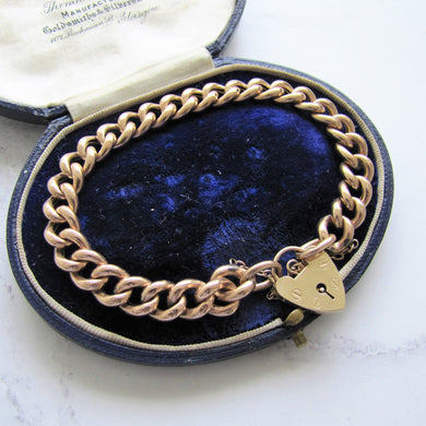 Victorian Solid 9ct Gold Curb Chain Bracelet, Heart Padlock Clasp - MercyMadge