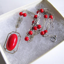 Cargar imagen en el visor de la galería, Antique Red Coral Glass Lavalier Pendant Necklace, Sterling Silver - MercyMadge
