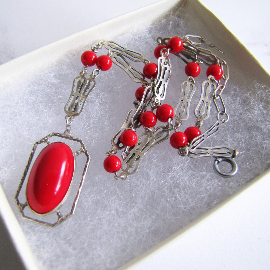 Antique Red Coral Glass Lavalier Pendant Necklace, Sterling Silver - MercyMadge