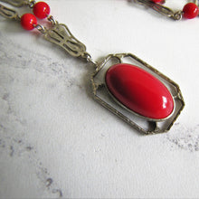 Cargar imagen en el visor de la galería, Antique Red Coral Glass Lavalier Pendant Necklace, Sterling Silver - MercyMadge
